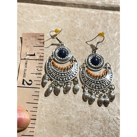 2~Boho Vintage-Style Dangle Earrings Yellow&Blue Stone Accents Silver-Tone Metal - Picture 8 of 9